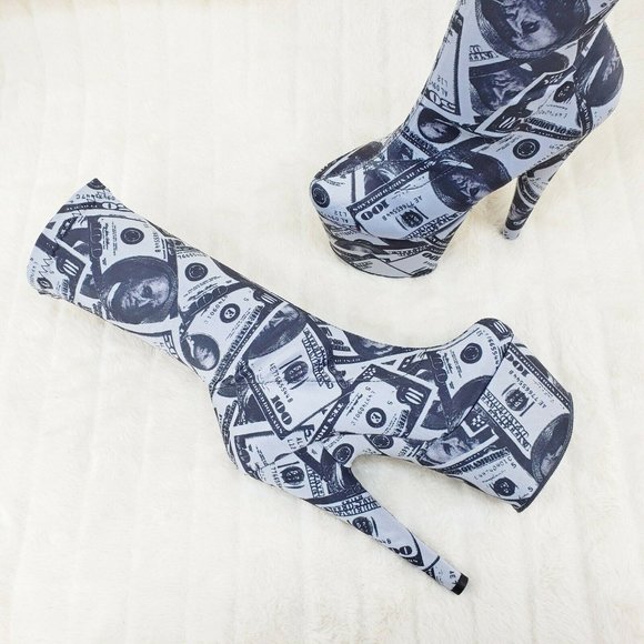 Dollar Money Print 7" High Heel Stretch Sock Platform Ankle Boots Adore 1002 - Picture 9 of 12